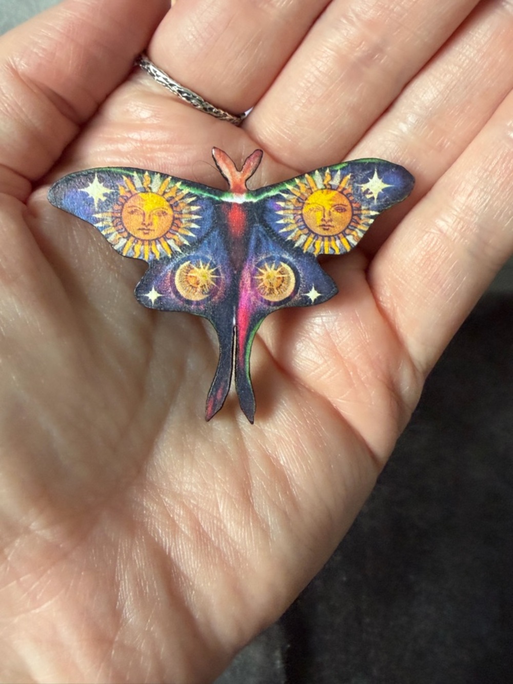 Handmade Moon & Sun Moth Brooch in Purple and Yellow - Picture 5 of 5